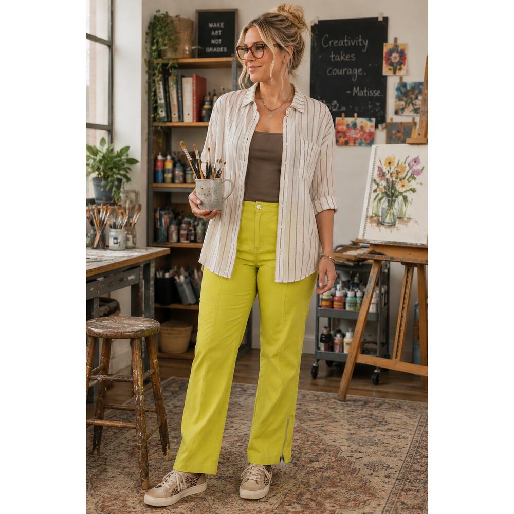 Bob Mackie Wearable Art Lime Green Ankle Pants Women's L Zip Hem Stretch Artsy